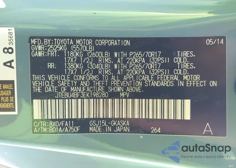 2014 Toyota Fj Cruiser z USA, uszkodzony, nr VIN JTEBU4BF3EK198280